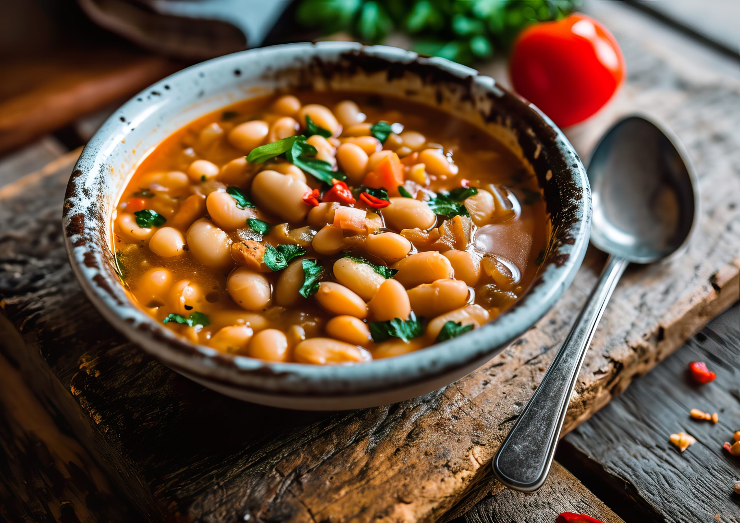Warm white bean soup with vegetables and fresh herbs, a nutritious and comforting winter meal
