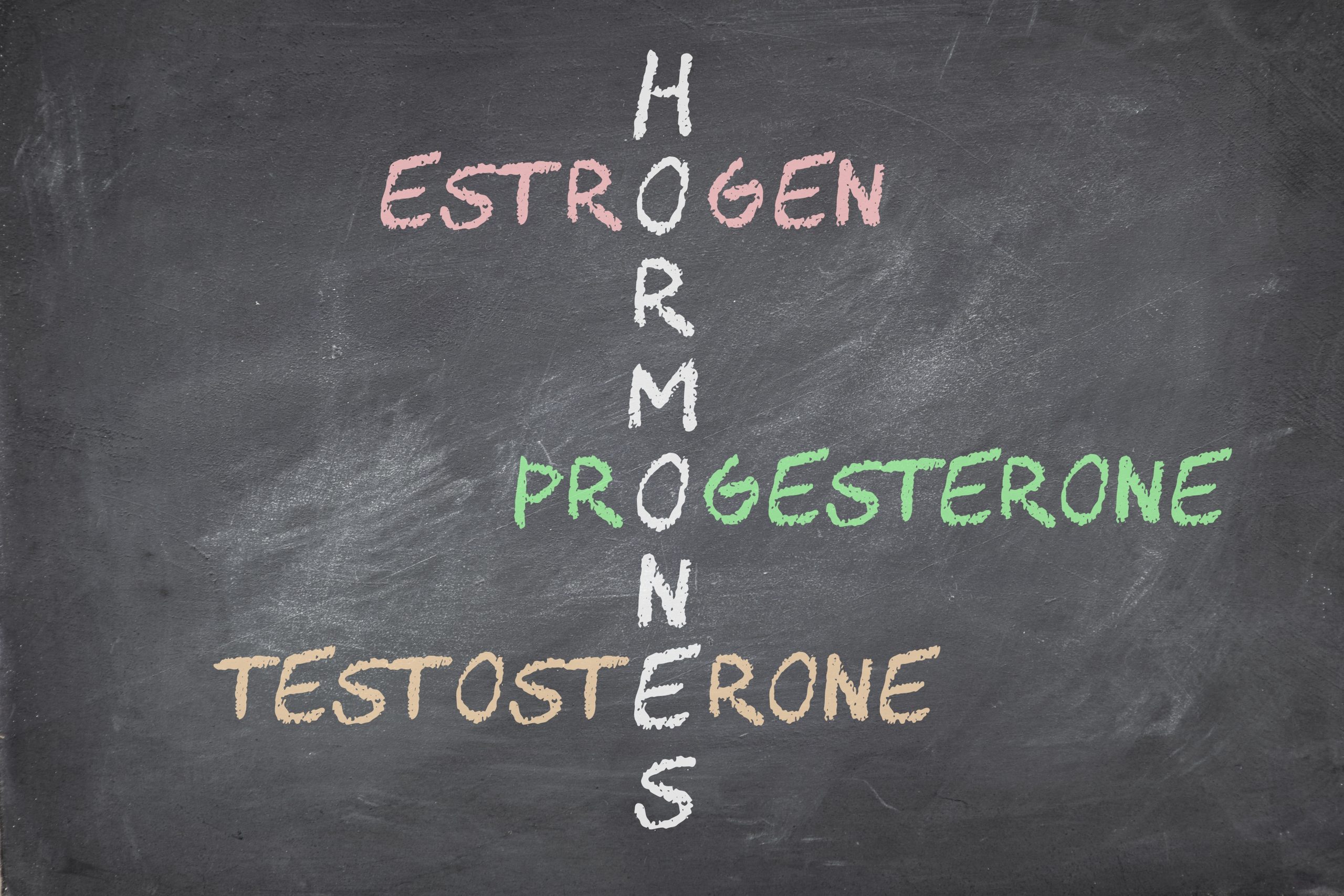 Female sex hormones estrogen progesterone and testosterone on blackboard written in crossword.